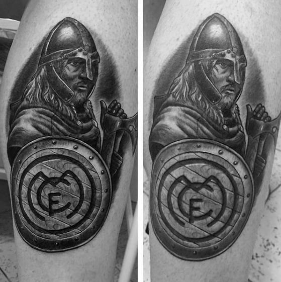 Soccer Warrior Guys Real Madrid Tattoo Design Ideas On Leg