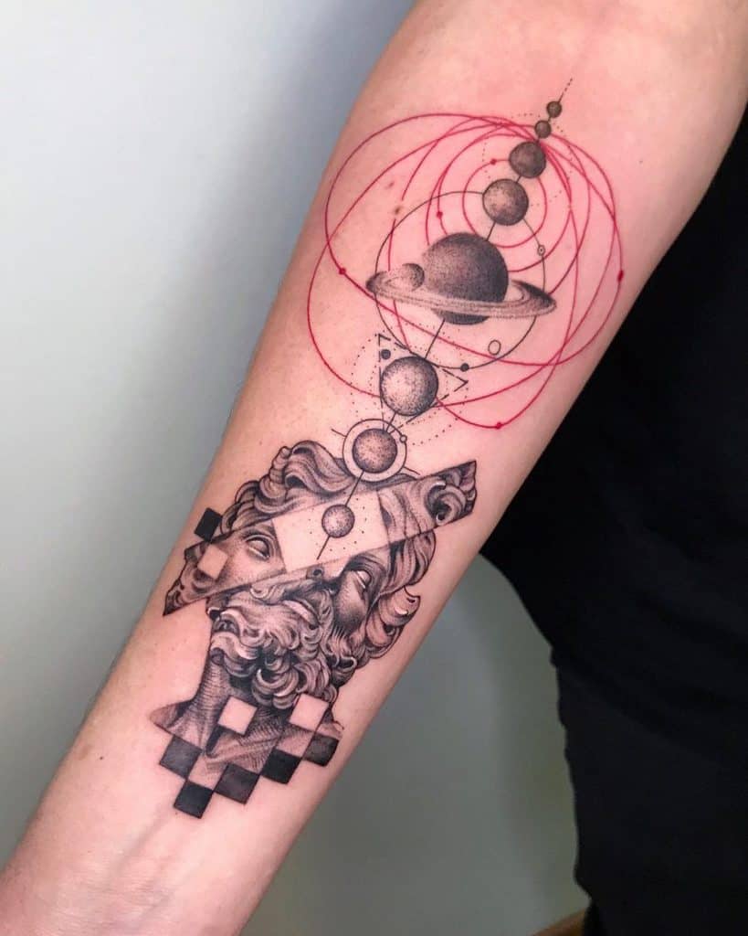 Forearm tattoo blending a classical statue with geometric distortions and cosmic planetary orbits in red ink, creating a surreal, futuristic design.