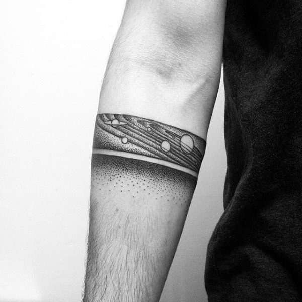 Solar System Black Band Mens Forearm Tattoo With Dotwork Design
