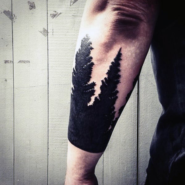 Solid Back Pine Tree Tattoos On Forearm For Men