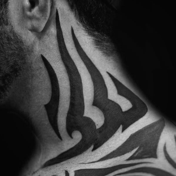 Solid Black Ink Distinctive Male Tribal Side Of Neck Tattoo Designs