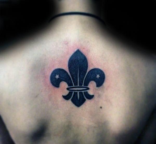 Solid Black Ink Fleur De Lis Tattoo For Men With Negative Space Stars