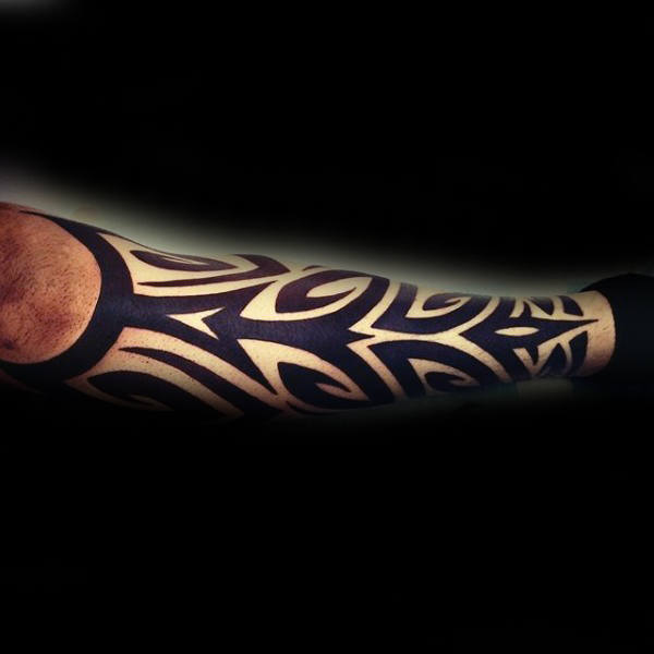 Solid Black Ink Lines Tribal Guys Shin Tattoos