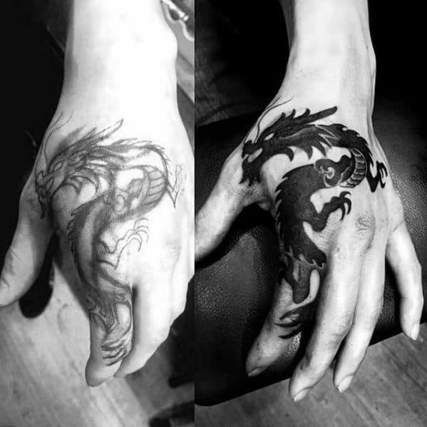 Solid Black Ink Masculine Guys Small Dragon Hand Tattoo