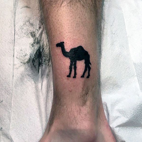 Solid Black Ink Small Mens Camel Lower Leg Tattoo Ideas