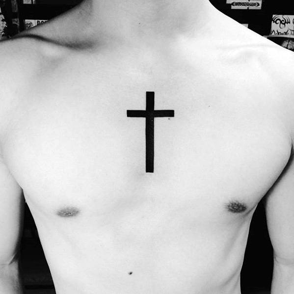 Solid Black Ink Small Simple Cross Male Center Of Chest Tattoo