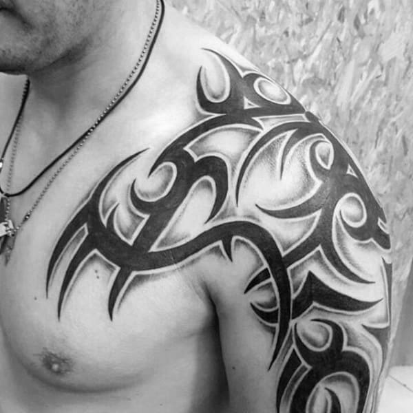 Solid Black Ink With Shadow Mens Tribal Shoulder Tattoos