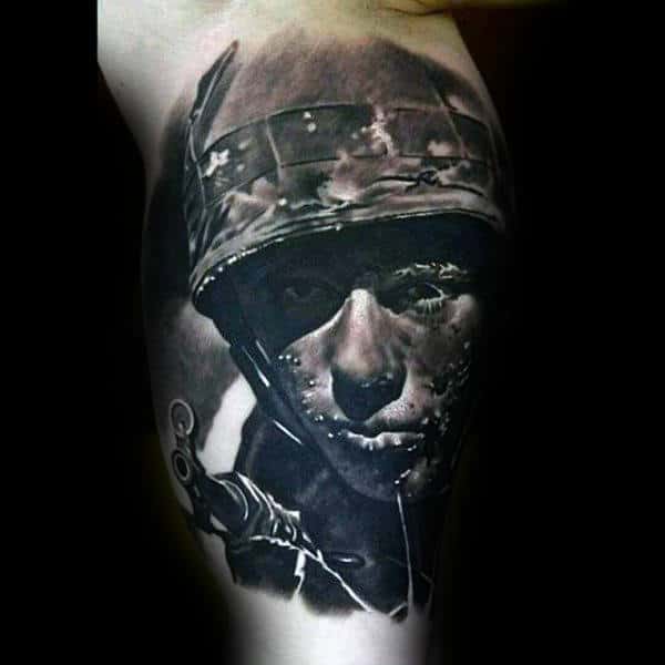 Solider In Combat Black Ink Military Arm Tattoos For Gentlemen