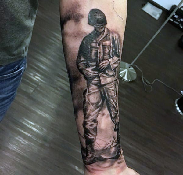Solider Standing On Battlefield Mens Ww2 Forearm Tattoo
