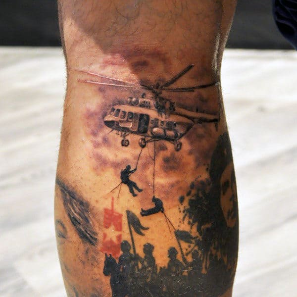 Soliders Repeling From Helicopter Mens Army Leg Calf Tattoos