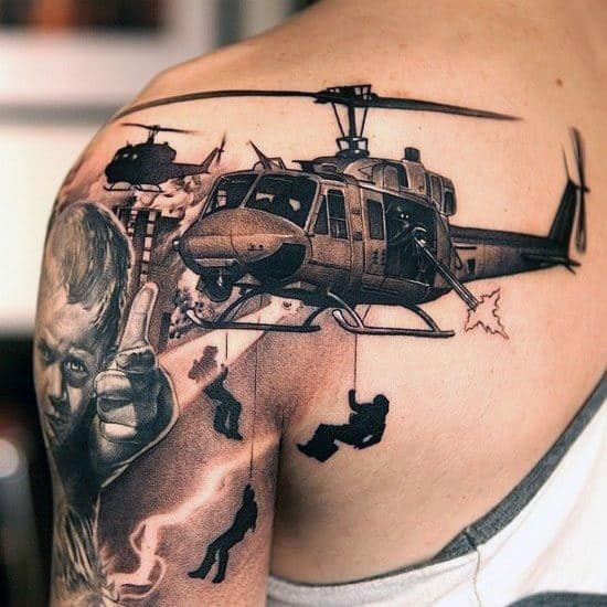 Soliders Repelling Down From Helicopter Mens Shoulder Tattoo
