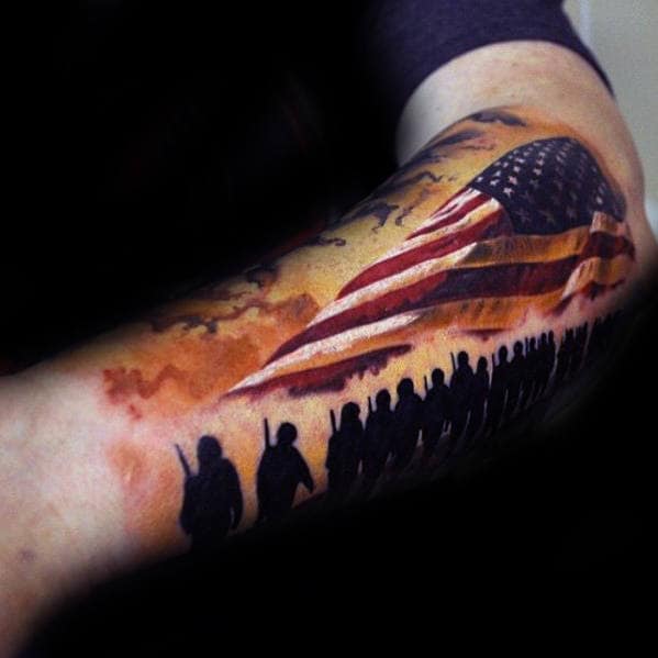 Soliders With American Flag Guys Different Sleeve Tattoo