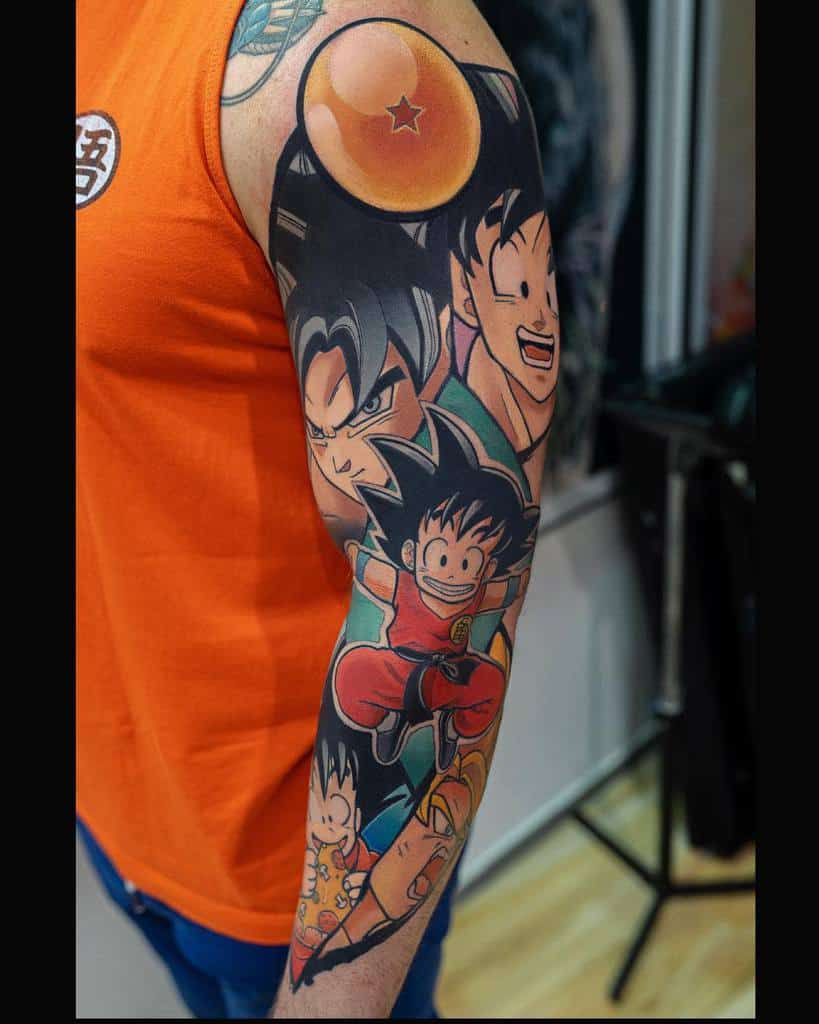 A colorful Dragon Ball tattoo featuring multiple images of Goku, from his childhood to adulthood, with a Dragon Ball in the background.