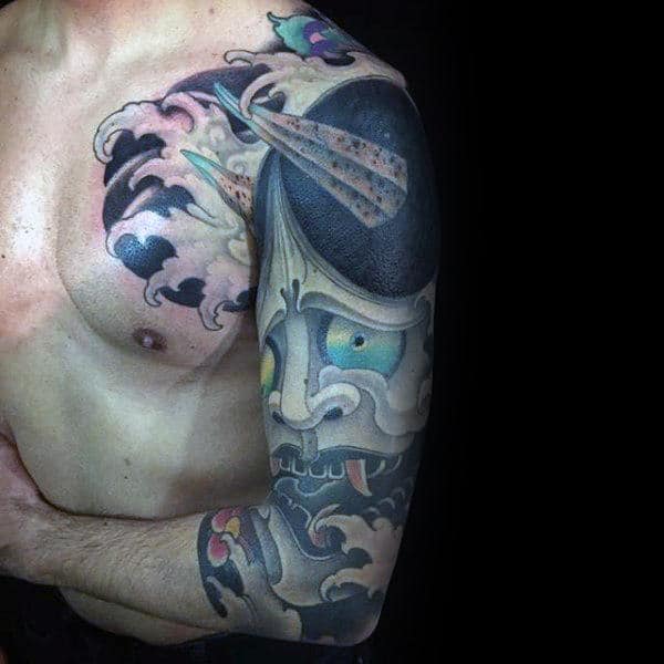 Sorrowful Mens Hannya Mask Half Sleeve Tattoos