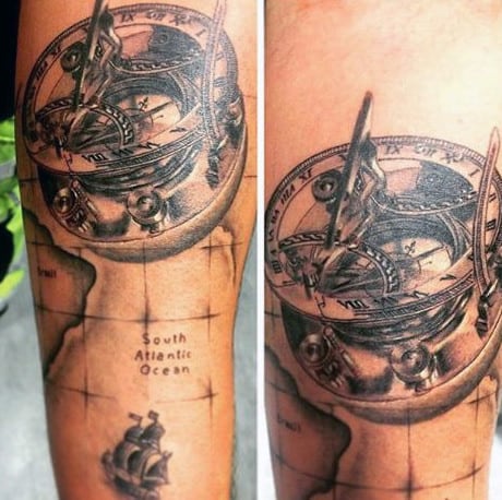South Atlantic Ocean World Map With Vintage Compass Mens Tattoo