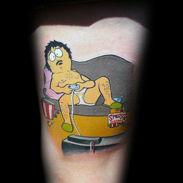 South Park tattoo of Randy Marsh gaming in his underwear, surrounded by snacks, with bold colors and detailed shading for a humorous look.
