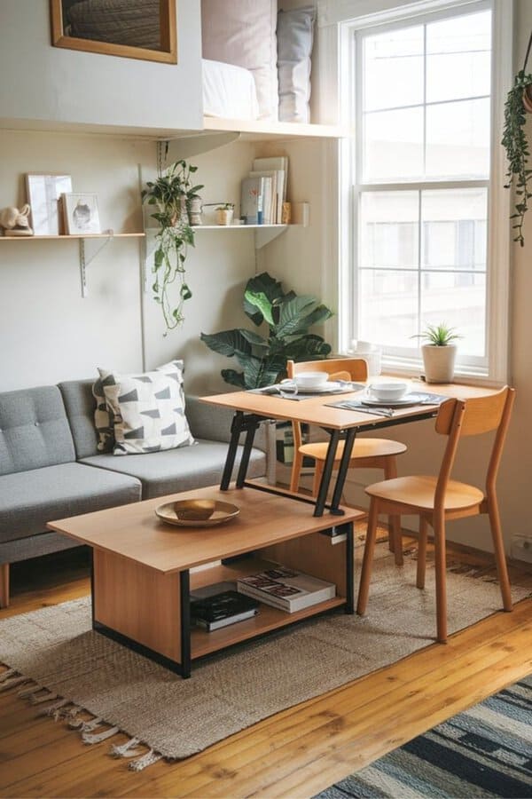 Small living space with built-in shelves, a gray sofa, and a multifunctional lift-top table.