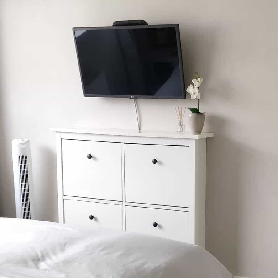 Wall-mounted TV above a white dresser with a potted plant and reed diffuser.