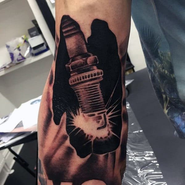 Spark Plug Realistic Motocross Guys Arm Tattoo
