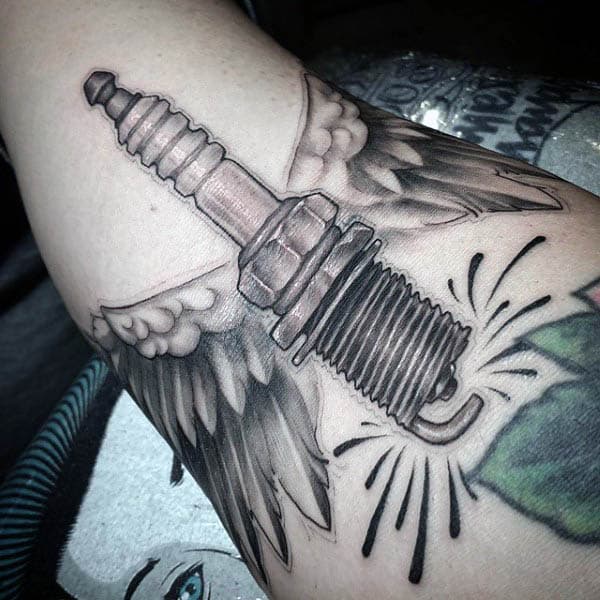Spark Plug With Angel Wings Guys Tattoos