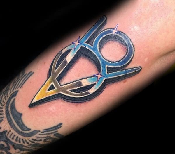 Sparkling Mens V8 Blue And Yellow Ink Outer Forearm Tattoos