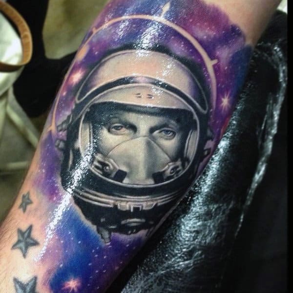 Sparkly Purple Stars And Astronaut Tattoo Male Forearms