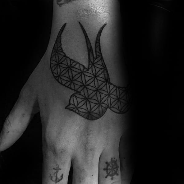 Sparrow Flower Of Life Mens Hand Tattoos