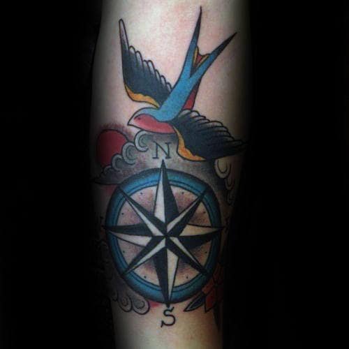 Sparrow Flying With Compass Mens Traditional Forearm Tattoo Design Ideas