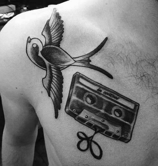Sparrow With Cassette Tape Mens Old School Upper Chest Tattoo Designs