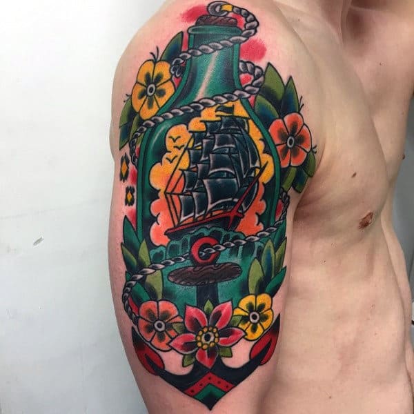 Sparrow With Traditional Anchor Mens Outer Arm Tattoos