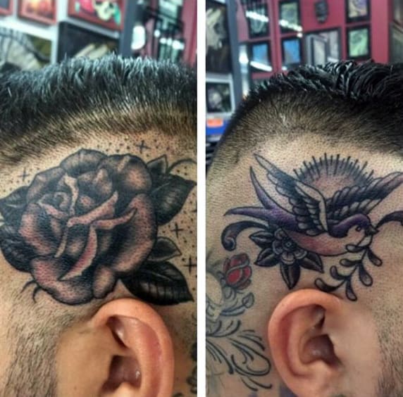 Sparrow With Twig Tattoo Mens Head