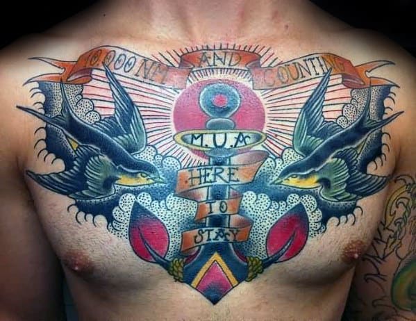 Sparrows With Anchor Mens Banner Chest Traditional Tattoo