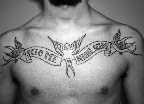 Sparrows With Banner Latin Tattoo Design On Mans Chest
