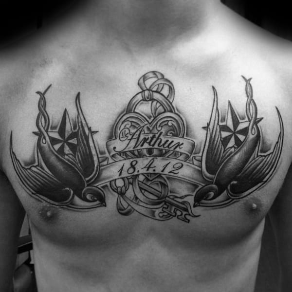Sparrows With Banner Memorial Mens Lock Chest Tattoos