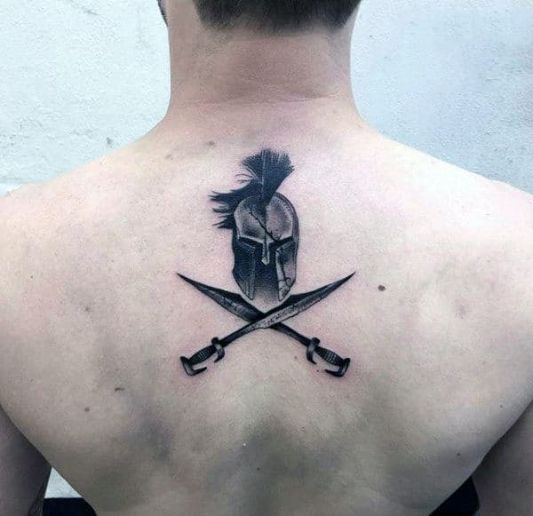 Spartan Creative Small Upper Back Tattoo On Gentleman