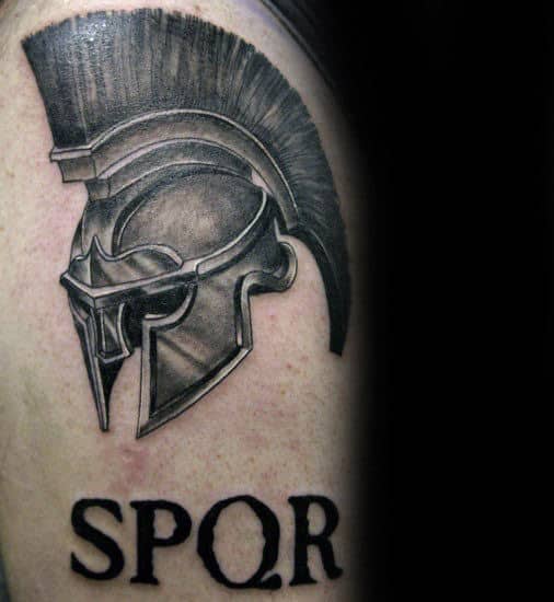 Spartan Helmet Spqr Guys Upper Arm Tattoos