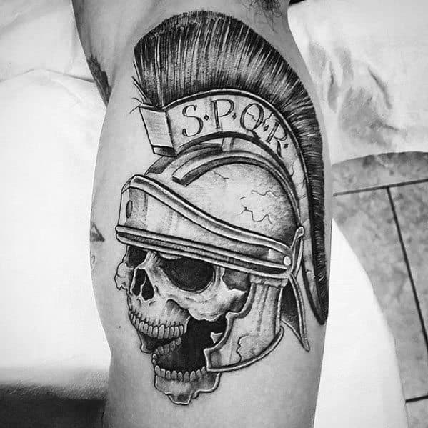 Spartan Helmet With Skull Spqr Guys Inner Arm Bicep Tattoos