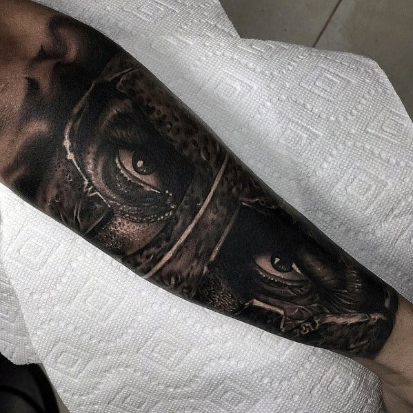 Spartan Portrait Hyper Realistic Mens Forearm Sleeve Tattoo