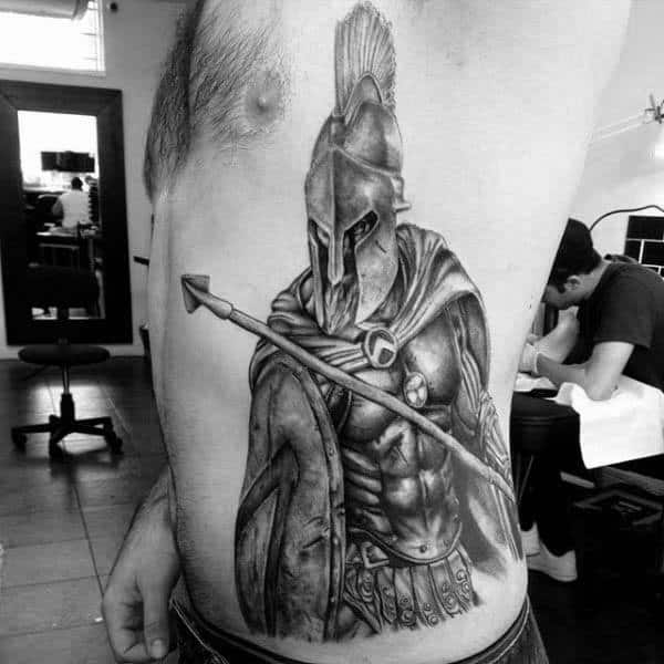 Spartan Warrior With Spear Mens Rib Cage Side Tattoo