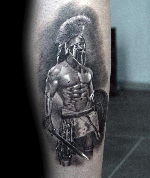 Realistic leg tattoo of a Spartan warrior in detailed armor and plumed helmet, holding a sword and shield, exuding strength and readiness for battle.