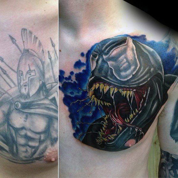 Spartan With Movie Creature Guys Upper Chest Cover Up Tattoo