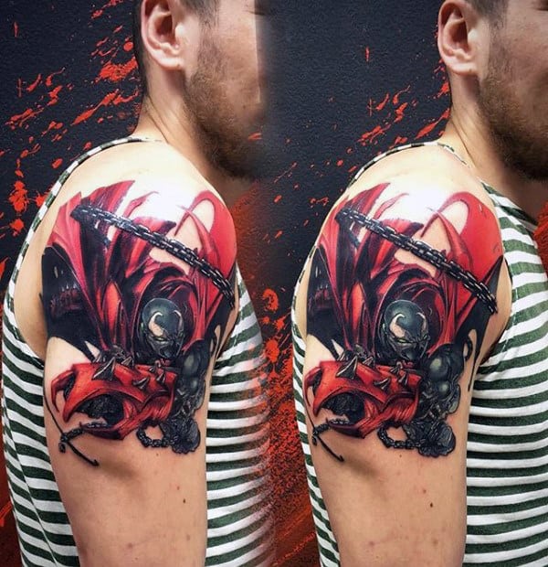 Spawn Male Upper Arm Red And Black Ink Tattoos