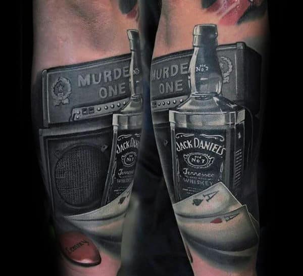 Speaker With Jack Daniels And Playing Cards Mens Arm Tattoo