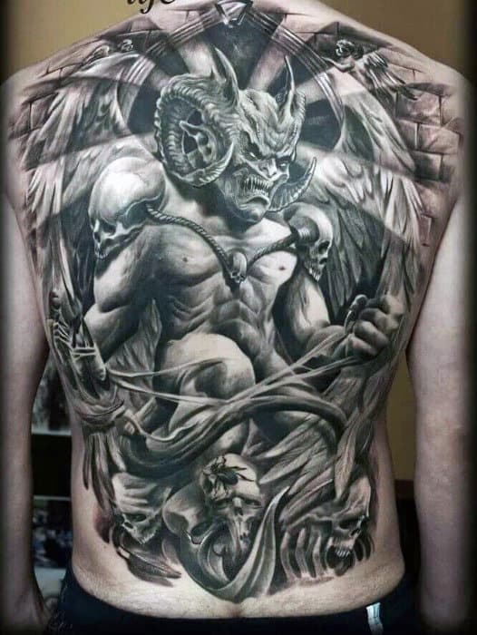 Spectacular Curved Horned Beast Tattoo On Males Full Back