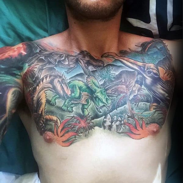 Spectacular Forest Tattoo With Dinosaurs Mens Chest