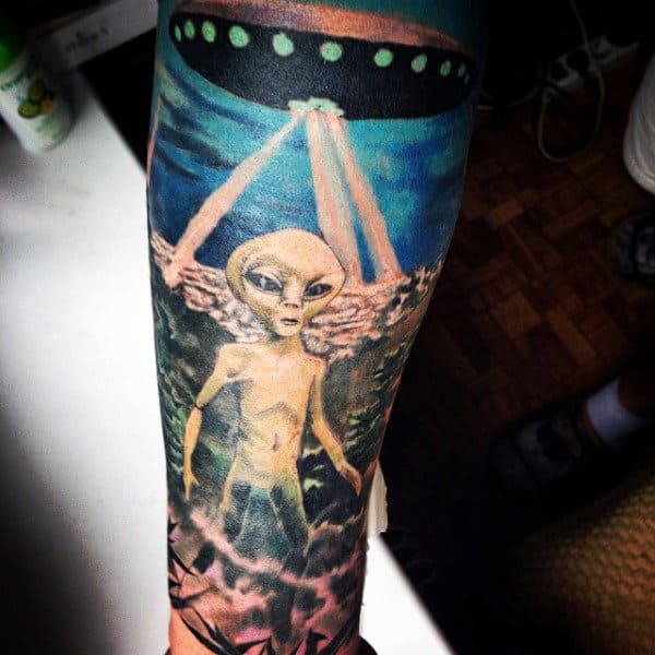 Spectacular Spacecraft And Alien Tattoo Forearms Male