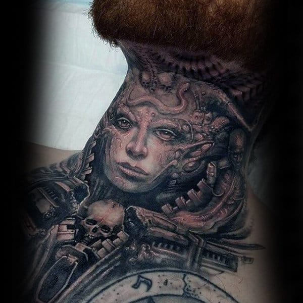 Hyper-realistic biomechanical throat tattoo featuring a futuristic female face fused with mechanical elements, skulls, and intricate details