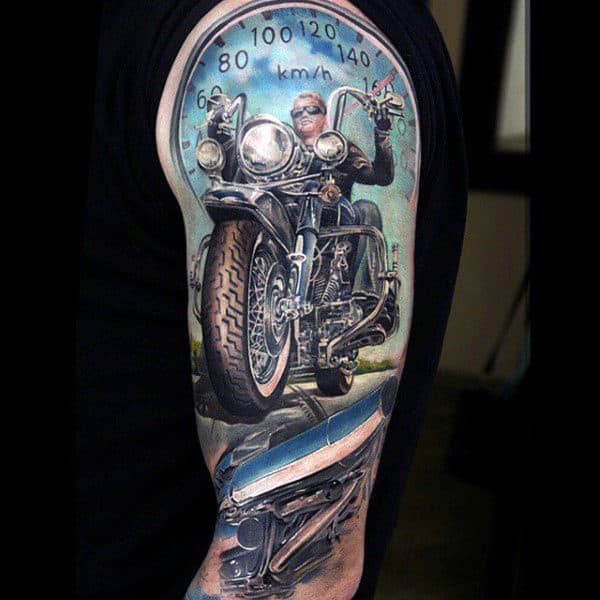 Speedometer Mens Half Sleeve Biker Tattoo Design Ideas