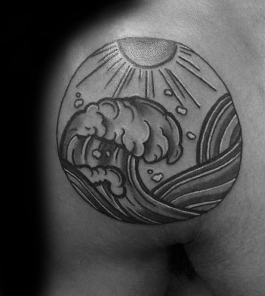 Sphere Of Surfing Water And Sun Tattoo Male Shoulders