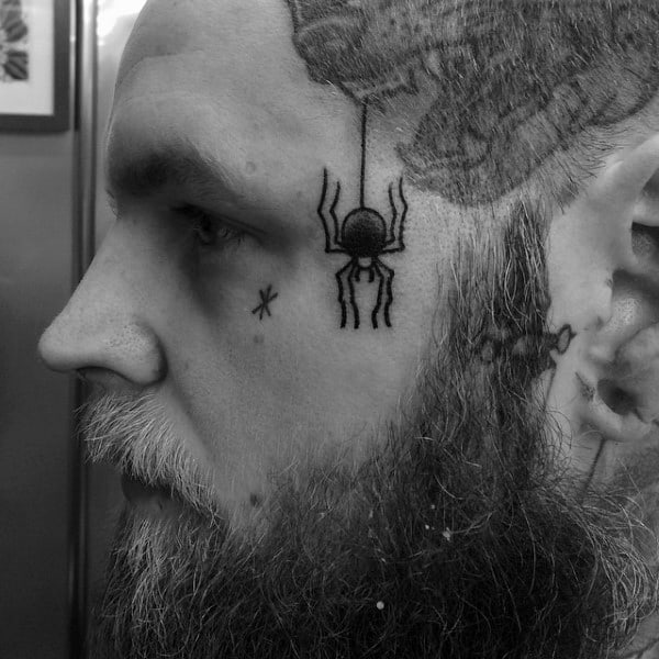 Spider Dangling From Web Mens Face Tattoos